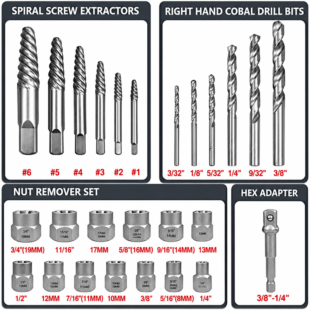 Extractor & Drill Set 26pc With Reverse Spiral Tooth Sockets & Screw Extractors 8 To 19mm