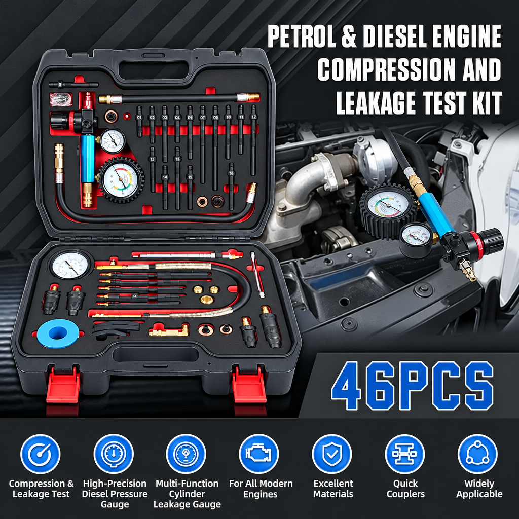 46PCS PETROL & DIESEL ENGINE COMPRESSION & LEAK TESTER MASTER KIT Free shipping