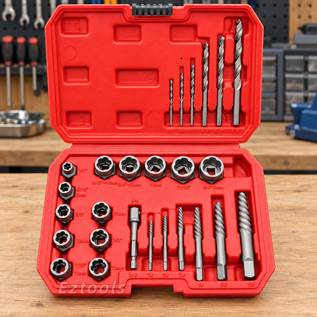 Extractor & Drill Set 26pc With Reverse Spiral Tooth Sockets & Screw Extractors 8 To 19mm