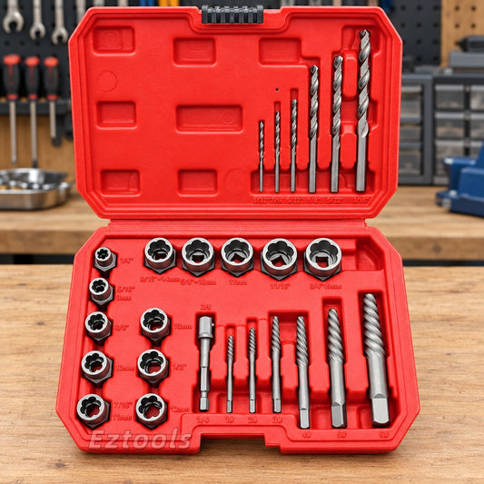Extractor & Drill Set 26pc With Reverse Spiral Tooth Sockets & Screw Extractors 8 To 19mm