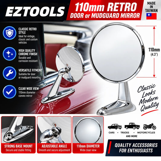 110mm Retro Door Mudguard Mirror Chrome Classic Car Flat Mirror PK60160