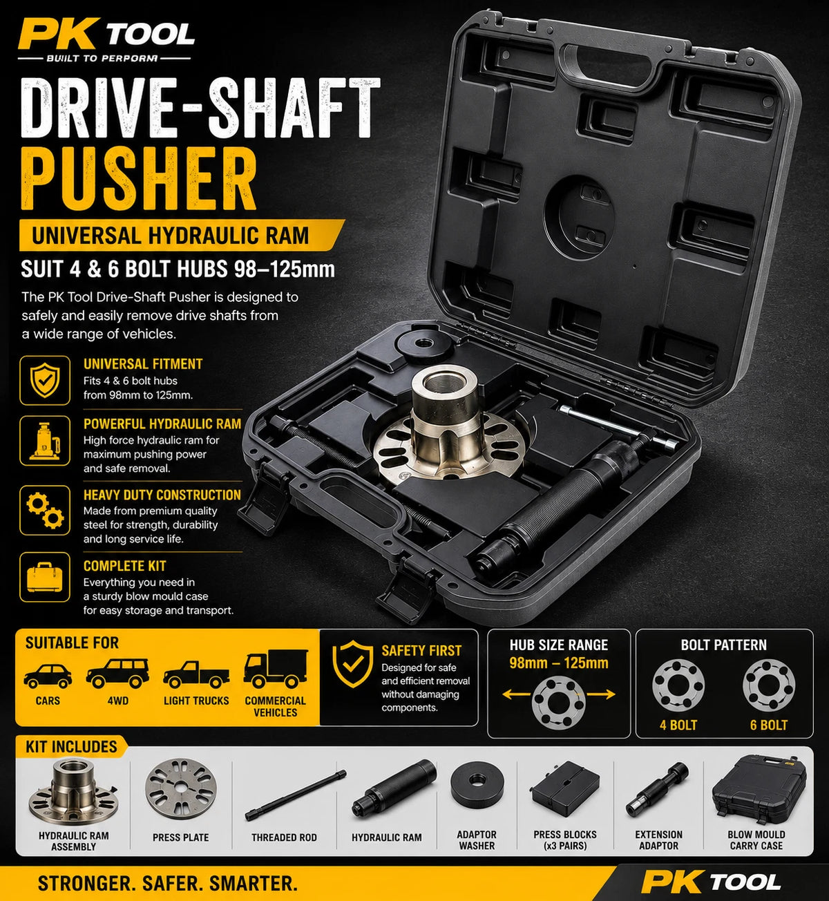 Drive-Shaft Pusher Universal Hydraulic Ram 98-125mm Suit 4 & 6 Bolt Hubs